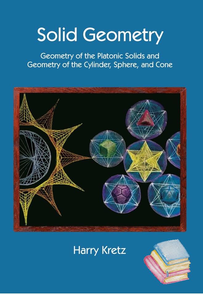 Book cover for 'Solid Geometry' by Harry Kretz, featuring a blue background with white text and a central black square containing colorful geometric line drawings of Platonic solids and a cone.
